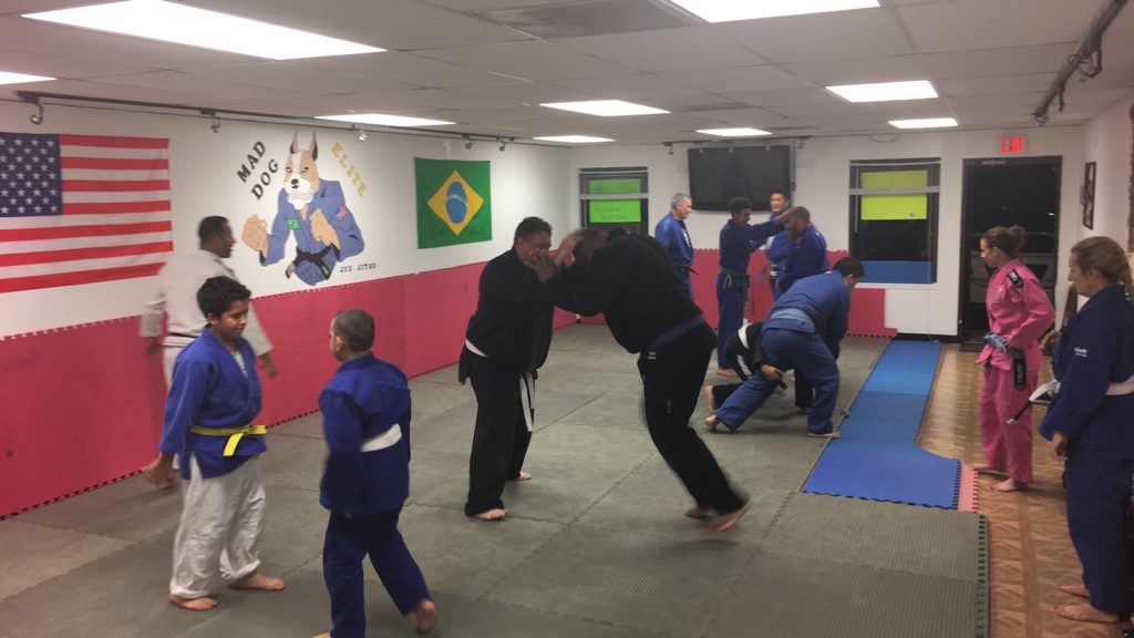 Training on the mats at Mad Dog Elite beneath the US and Brazil flags and the wall mural